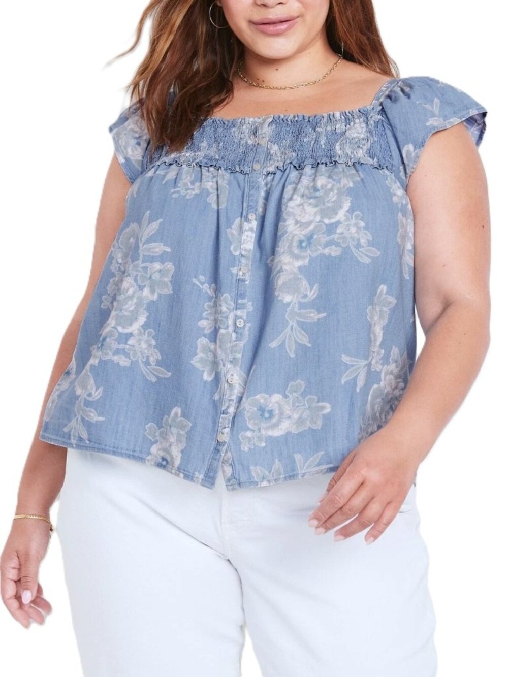 OLD NAVY Floral Chambray Smocked Babydoll Button-Down Top. Plus Size 2X